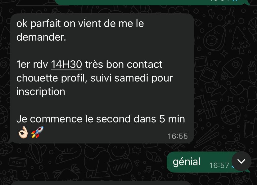 1er RDV 14h30 très bon contact, suivi samedi pour inscription